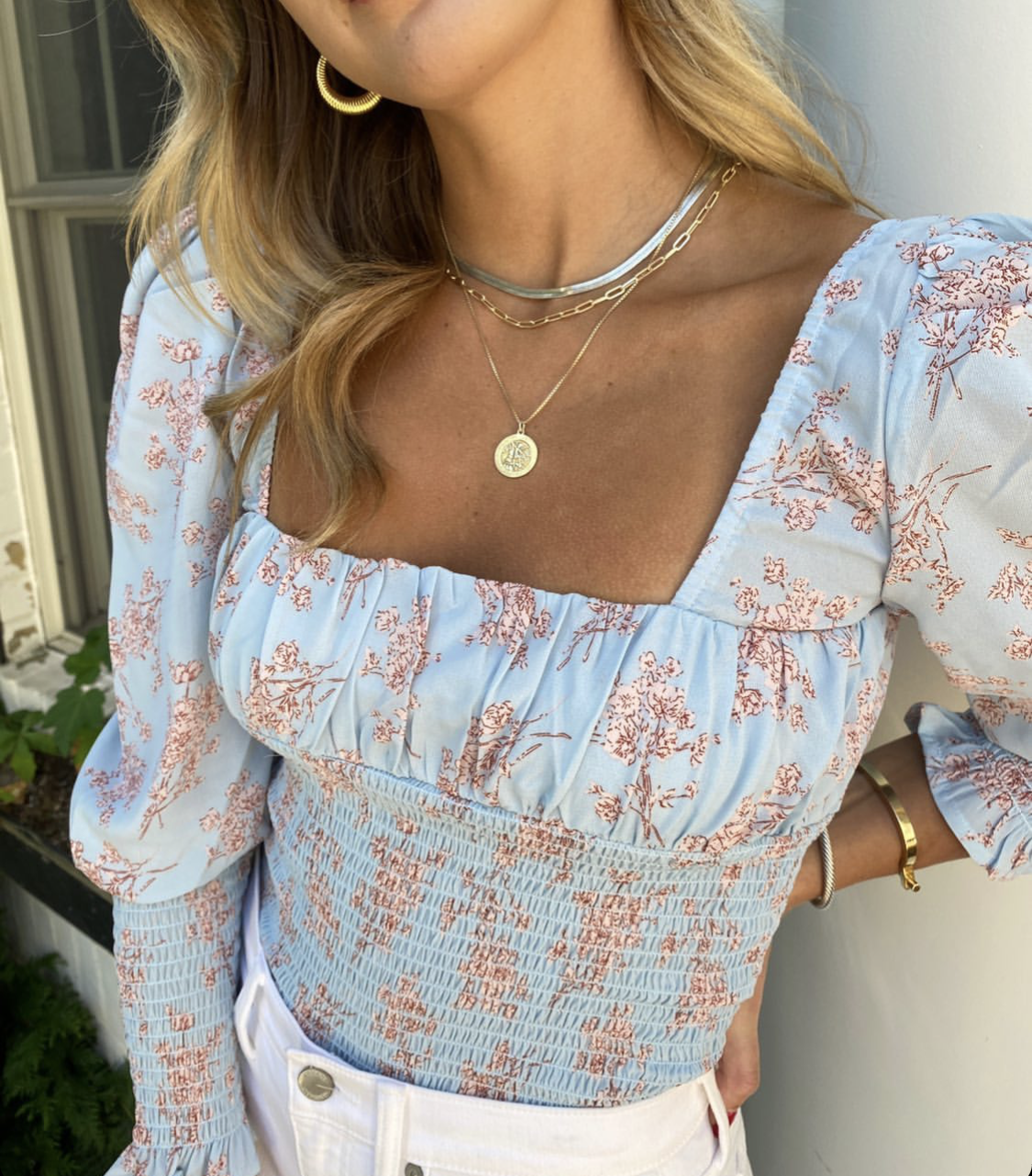 90112 FLORAL PRINT SMOCKED WAIST TOP
