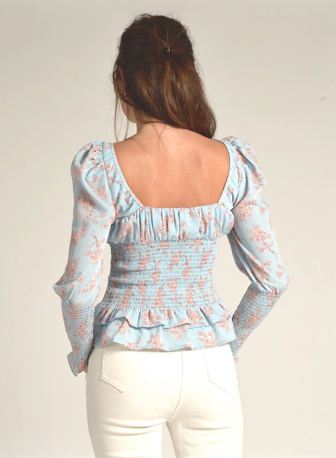 90112 FLORAL PRINT SMOCKED WAIST TOP